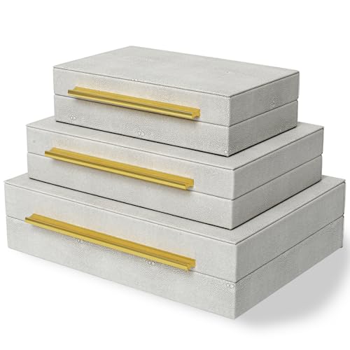 Image of DECOR4SEASON Faux Shagreen Leather Decorative Jewelry Storage Nesting Organizer Boxes with Lids Gold Handle Set of 3, Grey White