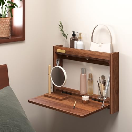 Beige Floating Vanity Desk with Mirror, Wall-Mounted Makeup Table, Storage Dressing Station, Multi-Purpose Nightstand for Bedroom, 80cm/31.5in