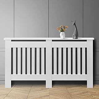 OFCASA Medium Radiator Cover White Painted Radiator Cover Vertical Slatted Wood Heating Cabinet for Living Room Hallway 109cm