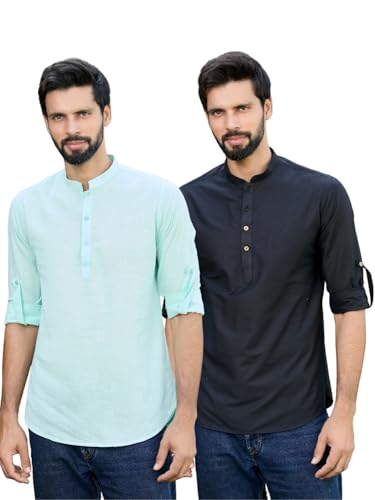 Image of See Designs Men's Roll-Up Sleeve Mandarin Collar Deluxe Cotton Solid Short Kurta (Pack of 2) - Festive Collection