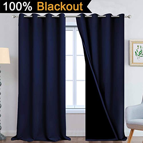 Image of Yakamok Navy Blue 100% Blackout Curtains 108 Inches Long 52 inch Wide, 2 Panels | Blackout Curtain Panels for Bedroom, 2 Thick Layers Grommet Top Thermal Insulated Drapes with Black Liner for Living Room