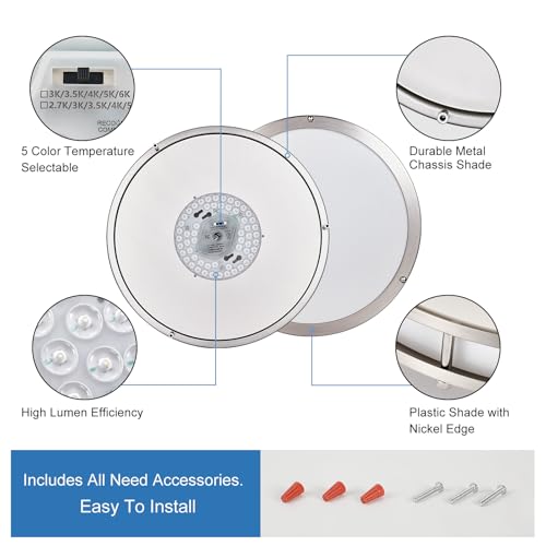 DLLT Flush Mount LED Ceiling Light: 13 Inch 5CCT (3000K-6000K) & Dimmable Ceiling Light Fixtures for Bedroom Hallway - 24W Modern Brushed Nickel Super Bright Kitchen Lighting Fixtures Ceiling - Thumbnail 6