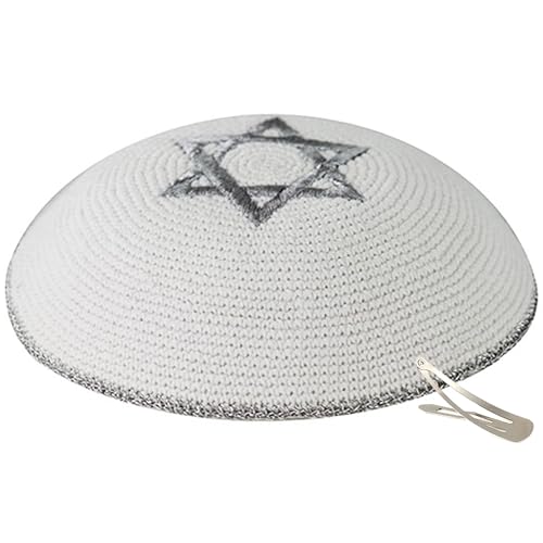 Zion Judaica Rosh Hashanah White Knitted Kippah with Star of David Quality Knit Kippot Embroidered with Star of David Yom Kippur White Crochet Yarmulke Silver Trimmed Symbolic Yamaka with Magen David