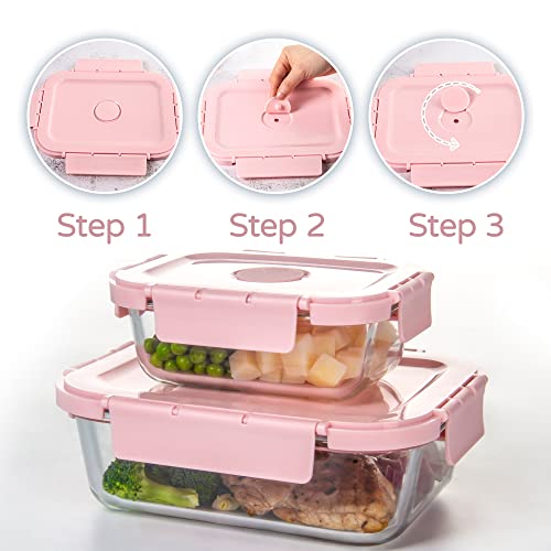 Hakeemi Glass Meal Prep Containers 10 Pack, Glass Food Storage Containers With Snap Locking Lids Airtight Built In Air Vents, Glass Containers For Lunch, Microwave/Dishwasher Safe, Pink #TOP2