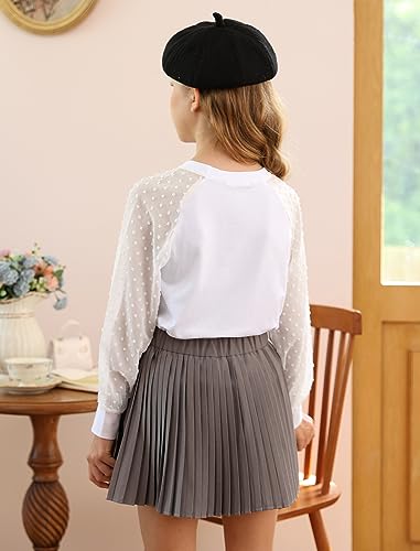 Yekaty Girls Shirts Casual Solid Color Crewneck Blouses Soft Long Sleeve Swiss Dots Chiffon Tops3