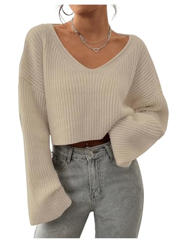 Image of Floerns Women's Long Sleeve Cropped Fall Pullover V Neck Drop Shoulder Rib Knit Sweaters Top