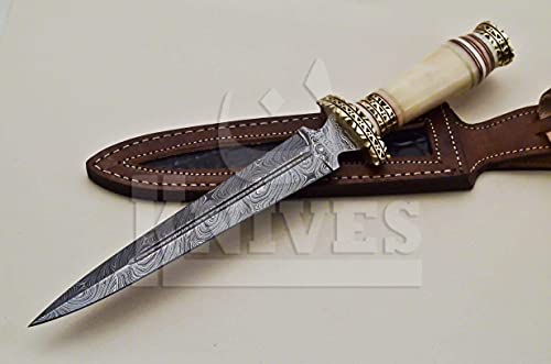NoonKnives: Hand Made Damascus Steel Collectible Knife Handle Camel Bone with Brass Inserts (White)