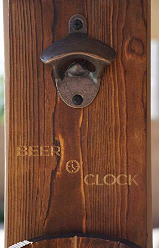 Thirsty Solutions - “Beer O’ Clock” Rustic Wall Mounted Bottle Opener And Catcher - Dark Stain Pine With Zinc Alloy Opener - Removable Wooden Bucket - Man (Or Woman) Cave Ready #TOP4