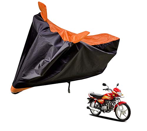 Image of Auto Hub Bike Cover Compatible with Hero Hf Deluxe with Mirror Pocket, Dustproof, Heat Resistant, Triple Stitched, Hf Deluxe Bike Cover- Black, Orange
