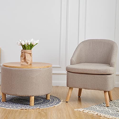 Sillón club tapizado beige de lino y madera miniatura 3
