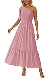 PRETTYGARDEN Womens One Shoulder Summer Maxi Dress Smocked Flowy Boho Beach Long Sundress Sleeveless Wedding Guest Dresses(Pink,Medium)