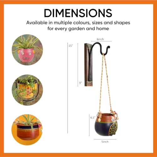 Image of AAKRITI ART CREATIONS Wall Hanging Planter with Hook | Brown & Blue Earthen Planter on Classic Hook, Modern Art, Matte Finish | Metal, Terracotta & Wood | Decorative Hanging Pot for Indoor & Outdoor
