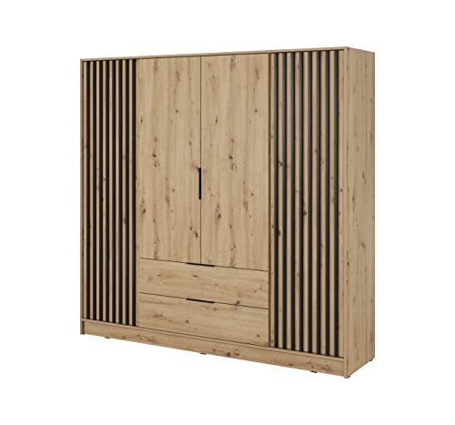 Armoire chambre avec 4 portes pivotantes et 2 tiroirs Lattes en bois Loft Style Armoire Industrielle Armoire rangement Penderie(Tringle) avec étagères(LxHxP): 206x200x51cm JOHN 4D Chêne Artisan/Noir Cover