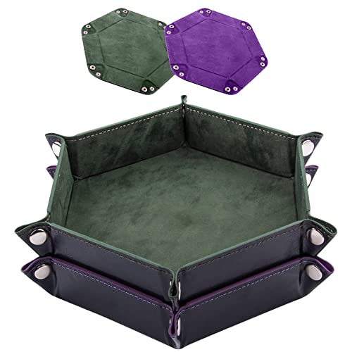 SIQUK 2 Pieces Dice Tray PU Leather Dice Trays Portable Folding Hexagon Dice Roller Tray for Dice Games Like RPG DND and Other Table Games (Dark Green Violet)