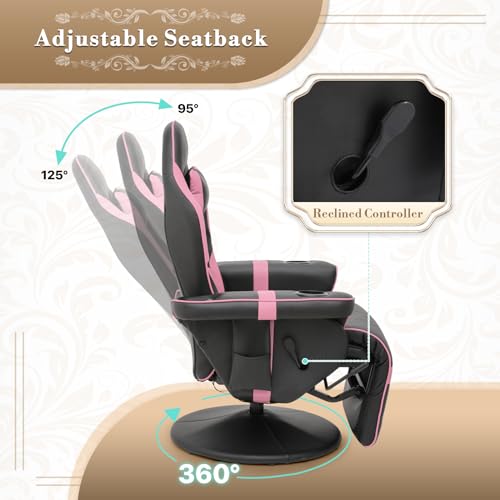 Athena Collection Massage Gaming Chair with Bluetooth Speaker Ergonomic Computer Desk Chair Swivel Office Chair Adjustable Recliner PU Leather Chair w/Footrest Cup Holder Side Pouch Headrest, Pink