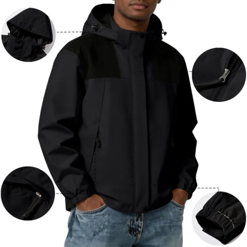 Image of Color Block Waterproof Hooded For Men Rain Shell Jacket Windproof Coat With Adjustable Drawcord Hood & Velcro Cuffs Packable Zip Up Hiking Camping And Fishing Outdoor Activities Black Xs