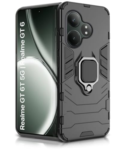 Image of WOW IMAGINE Shock Proof Back Case Mobile Cover for Realme GT 6T 5G | Realme GT 6 | Back Cover Case (Tough Armor | Hybrid PC + TPU | Ring Holder & in-Built Kickstand | Black)