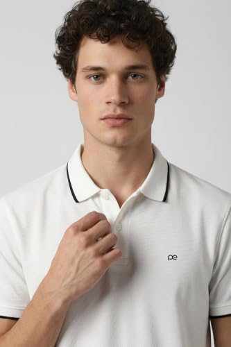 Image of Peter England Men's Snug Fit Solid Polo T-Shirt with Coloured Collar Tipping| Cotton Rich| Premium Pique Weave