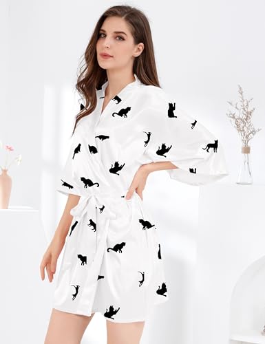 Image of MORFORU Women Bride Bridesmaid Silky Satin Kimono Robe Solid Color Sleepwear for Wedding Party Getting Ready, Short
