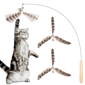 Cat Toys Interactive for Indoor Cats, Cat Wand Toys with 3 Feather Refills, Sturdy Wood Handle with Flexible Steel Wire for Kitten, Feather Toys Refills for Bored Indoor Adult Cats