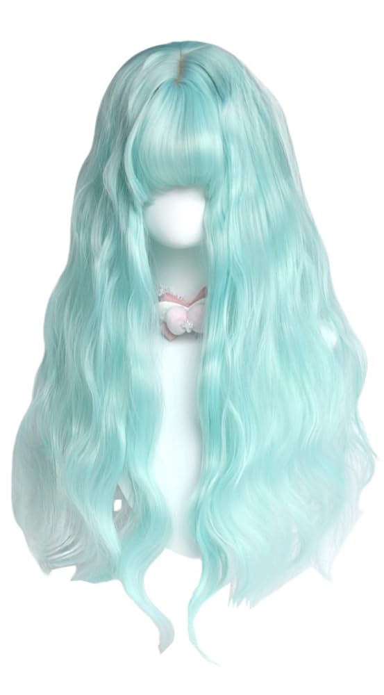 VVRPWASSLY Lolita Wig with Bangs Mint Green Long Wavy Curly Hair Kawaii Cosplay Synthetic Wig for Fancy Costume Party