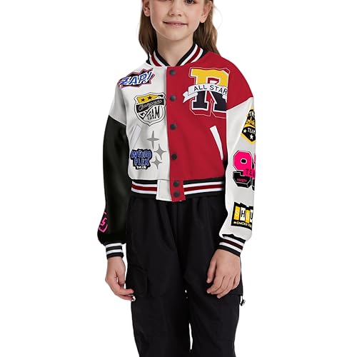 Girls Crop Varsity Jacket Print Color Block Bomber Jacket Casual Button Down Baseball Coats3