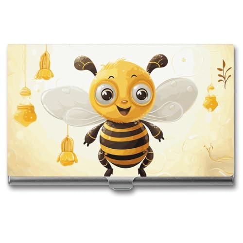 Slim Metal Business Card Holder - Cute Bees Honey Aluminum Alloy Card Case with Buckle Closure, Holds 20 Cards & Cash, Professional Credit Card Size ID Holder for Men Women Gift