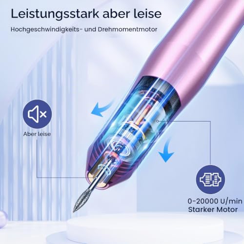 Nagelfräser, Elektrische nagelfräser Maniküre Set, 20000 U/Min Verstellbare Geschwindigkei Schleifpolierer für gelnägel, Fräser für Gelnägel, Nagelhaut Shellac Acrylgel, Sicher für Anfänger
