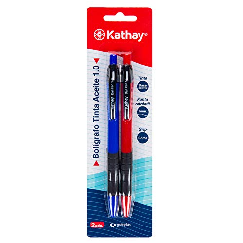 Kathay - Pack de 2 Bolígrafos Tinta Aceite, Colores Azul y Rojo, Punta 1mm, Perfectos para Oficina