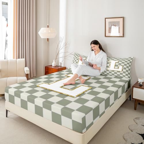 Image of Erosebridal Sage Green Checkered Sheet Set King Plaid Initial L Bed Sheets Personalized Monogram Bedding for Kids Boys Girls,Fashion Grids Gingham Bed Sheets Set 4 Piece