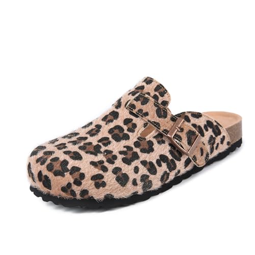 Dumalum Suede Leopard Clogs for Women & Men - Comfort Cork Footbed with Arch Support - Adjustable Buckle Mules Slip-On Sandals Unisex Potato Shoes Home Slippers