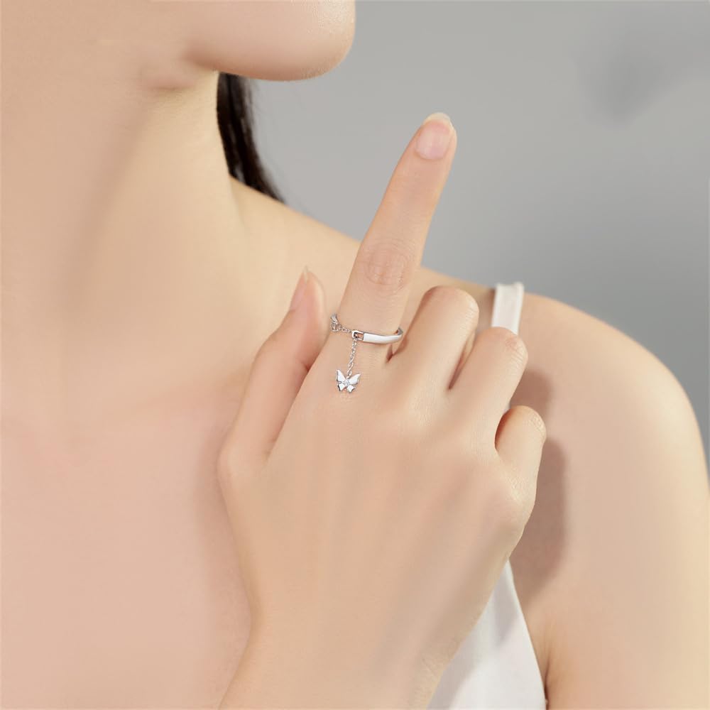 Lovely Dangle Butterfly Open Statement Ring S925 Sterling Silver Cz Crystal Adjustable Tassel Link Chain Band Dangling Charm Wedding Promise Stacking Rings Cute Jewelry Gifts for Women Girlfriend - Image 2