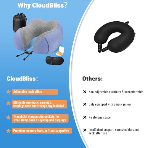 Image of CloudBliss Travel Pillows for Airplane, 2 Pack Memory Foam Neck Pillow for Travel, Airplane Pillow for Long Flight, Car & Office Use, Plane Accessories with Eye Mask, Earplugs, Carry Bag, Black & Blue