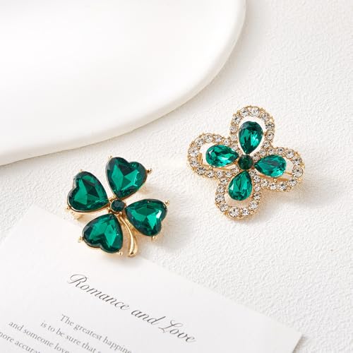 Image of Rhinestone Clover Leaf Brooch Pin, Green Four Leaf Clover Pin Shamrock Lapel Pin, Gold Plated Vintage Crystal Flower Brooches