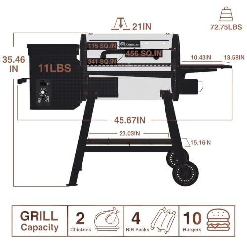 KingChii 456 SQ.IN Pellet Grill Smoker with Side Shelf, 8 IN 1 BBQ Grill with PID Temperature Control for Outdoor Cooking, BBQ Camping and Patio-Brown