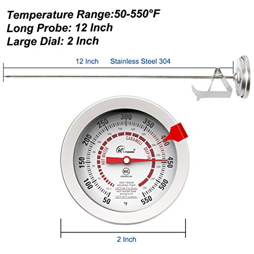 2 Packs Candy/Deep Fry Thermometer With 12'' Food Grade Probe And Clip, Fast Instant Read Large 2" Dial,Temperature Range 100 To 500 ºf / 38 To 260°C,For Candy,Deep Fry Bbq (2, 12) #TOP1