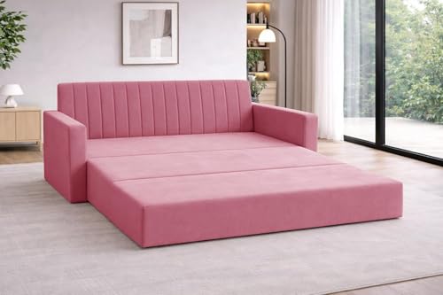 Image of Rosebell Three Seater Foldable Sofa-Cum-Bed | 3-in-1 Foldable Couch with Armrest | Modern Fabric Sofa for Living Room, Bedroom & Office-Rose Pink