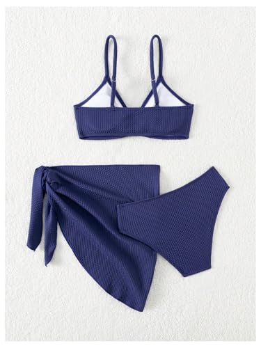 OYOANGLE Girl's Swimsuit 3 Piece Textured Ring Linked Bikini Set with Beach Skirt Cover Up Bathing Suits3