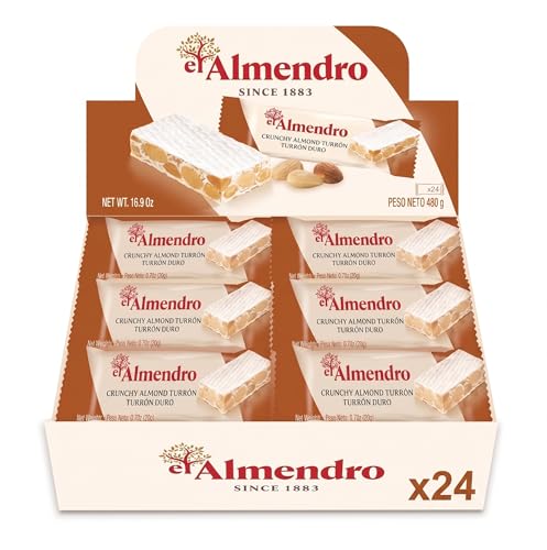 Crunchy Almond Turron Nougats From Spain, Traditional Spanish Candy Individually Wrapped, 24 Turron Duro Bars By El Almendro, Dessert, Gluten Free, Candy Basket Stuffers For Adults