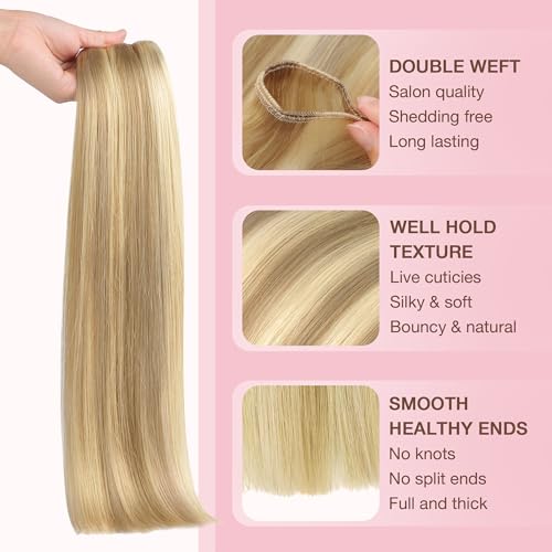 Image of GOO GOO Sew In Hair Extensions Real Human Hair for Women, Weft Hair Extensions, 16 /22 Light Blonde Highlighted Golden Blonde 18inch 100g, Double Weft with Thick Ends for Natural Volume Everyday Wear