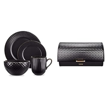 Tower T867002BLK Empire 16 Piece Dinnerware Set, Stoneware, Black and Brass & T826090BLK Empire Roll Top Bread Bin, Stainless Steel, Black and Brass, One Size