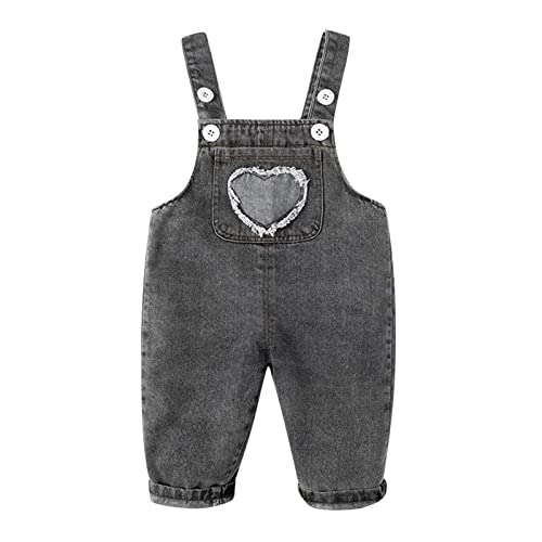 Baby Boy Girl Jean Overalls Cute Heart Print Romper Pants Toddler Washed Distressed Jumpsuit Bib Pocket Denim Workwear