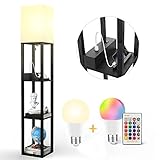 DOMUMLUX Floor Lamp with Shelves Modern Wood Shelf Floor Lamp for Living Room Bedroom Office with 1 Drawer and 2USB Ports & 1 Power Outlet