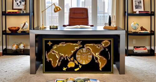 Image of METSYMetal Laser Cut (World Map with Analogue Clock) Wall Hanging Gold World map (Black & gold 5 * 2.5) gold lightening black and golden map wall decor for living room