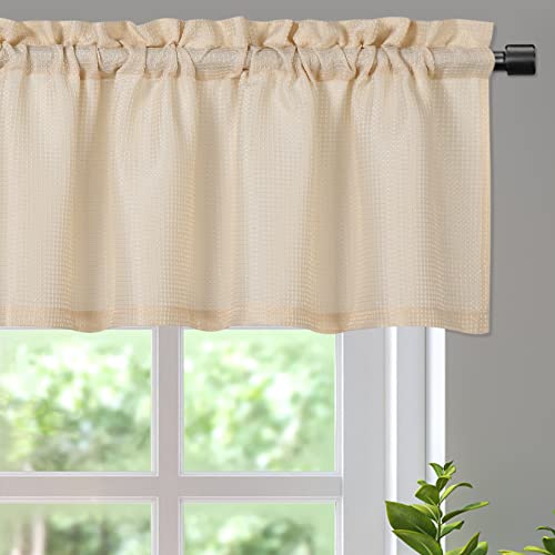 Glowsol Valance Curtains For Kitchen Waterproof Fabric, Cafe Window Curtain Waffle Woven Fabric Short Bathroom Valance Water Repellent Curtains With Rod Pocket, Cream 60"×15" #TOP5