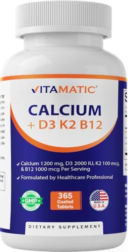Vitamatic Calcium Supplement 1200mg with D3 K2 & B12 Immune & Bone Health Support - 365 Coated Tablets