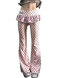 irLocy Y2K Star Flared Pants with Ruffle Skirt Fairycore Aesthetic Fake Two Pieces 2000s Kpop Fashion Gyaru Low Rise Bottom (Pink,Medium)