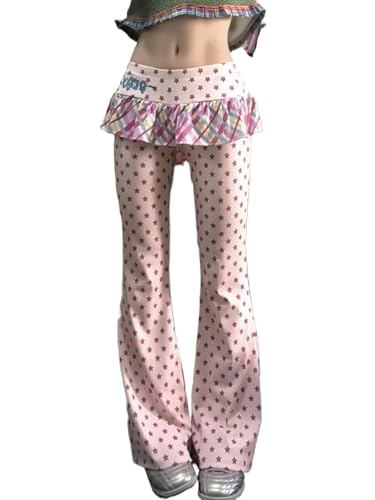 irLocy Y2K Star Flared Pants with Ruffle Skirt Fairycore Aesthetic Fake Two Pieces 2000s Kpop Fashion Gyaru Low Rise Bottom (Pink,Medium)