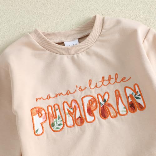 Image of Toddler Girl Halloween Outfits Pumpkin Print Top Flared Pants | Pumpkin Letter Embroidery Crewneck Sweatshirt + Flare Pants; 70% cotton, 22% polyester, 8% elastane Top; Sizes 12M-5T