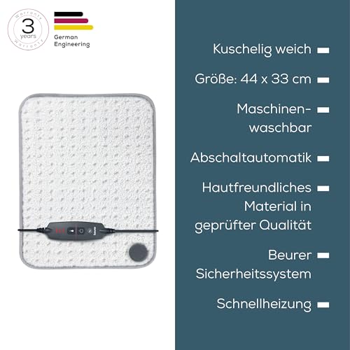Beurer HK 43 elektrisches Heizkissen, extra flauschiges Wärmekissen mit Abschaltautomatik und 3 Temperaturstufen, mit Schnellheizung, maschinenwaschbar bis 30 °C, weiß